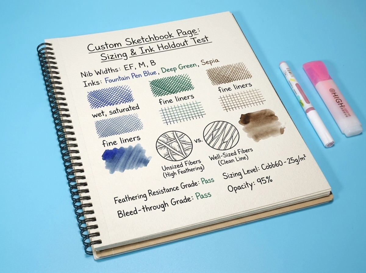 Paper quality testing showing fountain pen ink performance, surface sizing, and feathering resistance on custom sketchbook pages